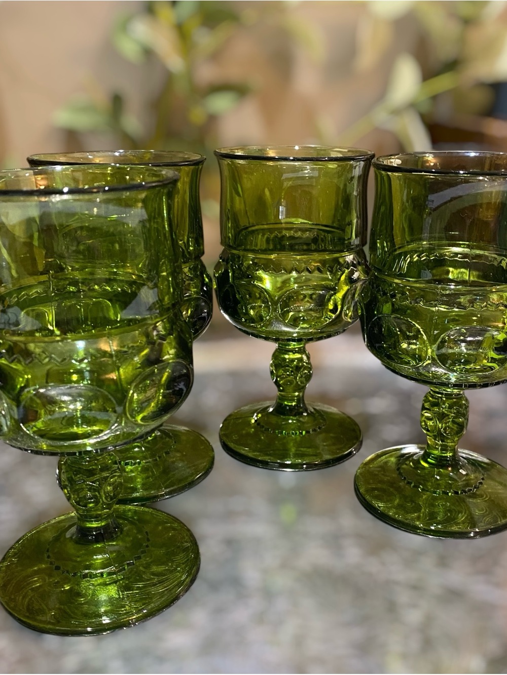 Vintage Indiana Glass Green Kings Crown Thumbprint Goblets Set 4 Water Wine - Picture 5 of 9